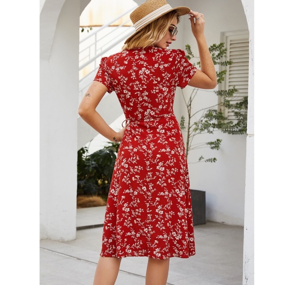 Red Floral Wrap Midi Dress - Picture 3 of 16